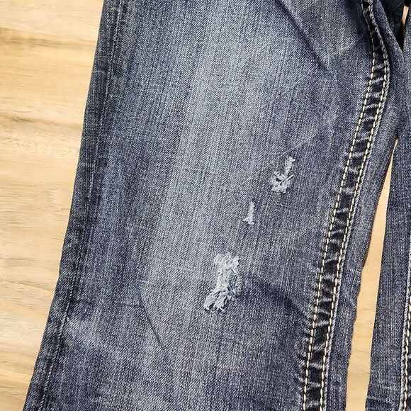 💜MEK Blue Zanzibar Distressed Boot Cut Jeans Size 6/28 - Picture 10 of 14
